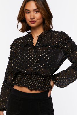 Women's Ruffled Polka Dot Chiffon Top in Black/Gold Medium