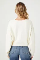 Women's Cropped Fuzzy Knit Sweater in Cream Large