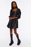 Women's Faux Leather Balloon-Sleeve Mini Dress in Black Small