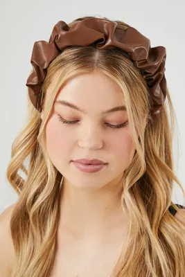 Ruched Faux Leather Headband in Brown