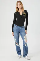 Women's Curved-Hem Henley Top in Black Small