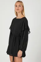 Women's Chiffon Belted Flounce Mini Dress in Black Medium