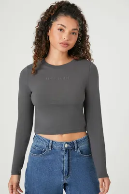 Women's Embroidered I Dont Care Crop Top in Grey, XL