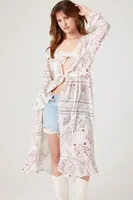 Women's Ornate Print Chiffon Kimono in Cream, XL