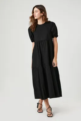 Women's Denim Ruffle Tiered Maxi Dress in Black, XS