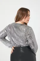 Women's Sequin Surplice Crop Top Silver,