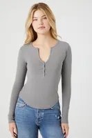 Women's Curved-Hem Henley Top Dark Grey