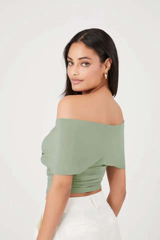 Forever 21 Women's Off-the-Shoulder Crossover Top in Light Olive