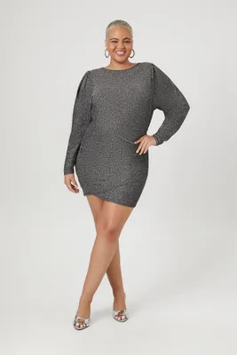 Women's Glitter Faux Wrap Mini Dress in Black/Silver, 1X