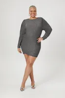 Women's Glitter Faux Wrap Mini Dress in Black/Silver, 3X