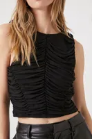 Women's Mesh Ruched Crop Top in Black, XL