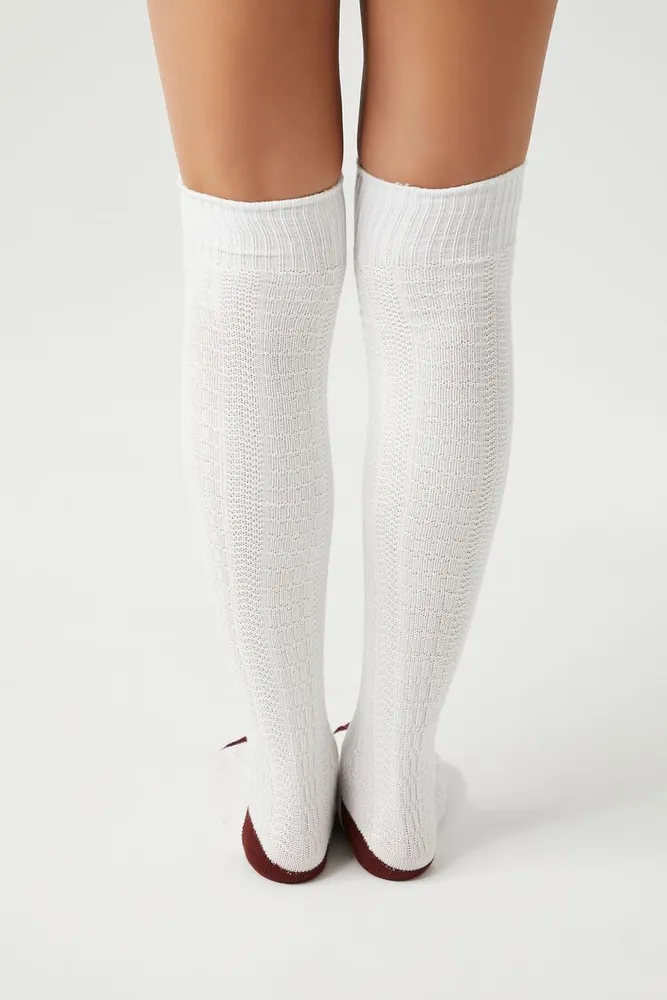 Textured Over-the-Knee Socks in White/Burgundy