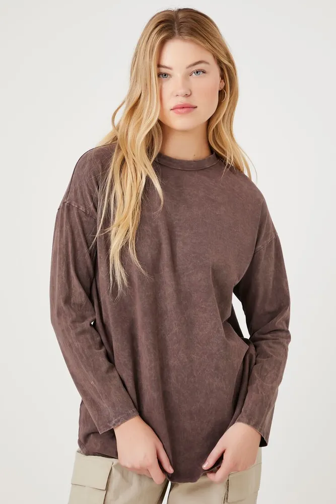 Women's Mineral Wash Long-Sleeve Top in Brown Small