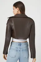 Women's Faux Leather Cropped Moto Jacket in Brown Small