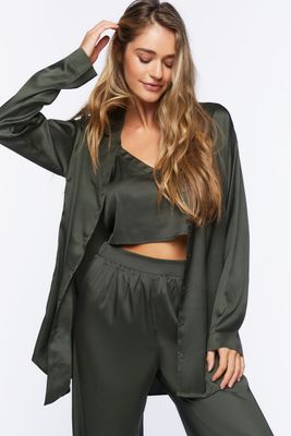 Women's Satin Button-Up Robe in Dark Olive Small