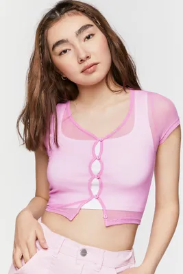 Women's Sheer Mesh Button-Loop Crop Top in Pink Medium