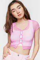 Women's Sheer Mesh Button-Loop Crop Top in Pink Large