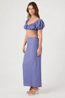 Women's Pin Dot Crop Top & Maxi Skirt Set in Blue Large