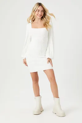 Women's Cable Knit Mini Sweater Dress in Ivory, XL