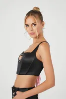 Women's Satin Heart Cutout Cropped Tank Top in Black/Pink Medium