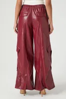 Women's Faux Leather Wide-Leg Cargo Pants in Wine Large