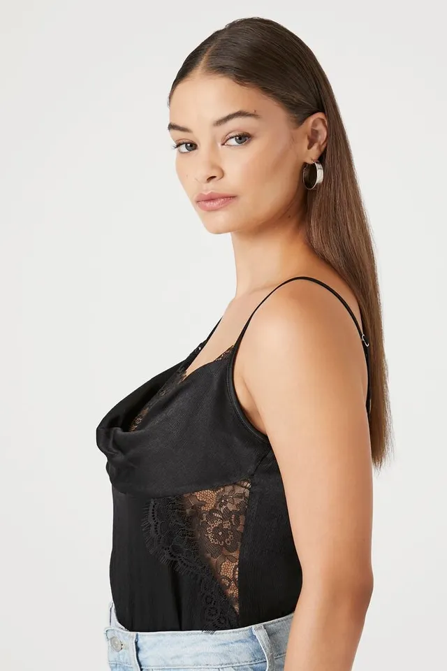 Forever 21 Women's Satin Lace-Trim Bodysuit in Black, XS