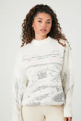 Women's Abstract Outdoor Sweater in White Large