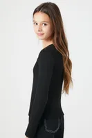 Girls V-Neck Long-Sleeve Top (Kids) in Black, 9/10