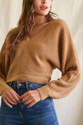 Women's Ribbed Knit Tie-Back Sweater in Camel Small