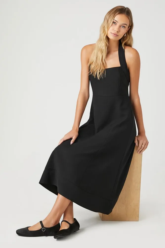 Women's Twill Halter A-Line Maxi Dress Black,