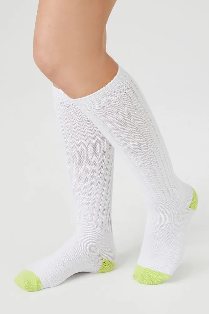 Ribbed Colorblock Knee-High Socks in White/Green