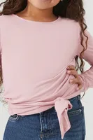 Girls Tie-Front Long-Sleeve Top (Kids) in Mauve, 9/10