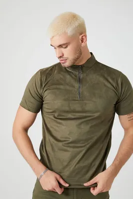 Men Faux Suede Mock Neck Top in Olive Large