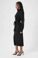 Women's Tie-Waist Turtleneck Sweater Midi Dress in Black Large