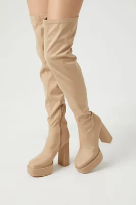 Women's Faux Leather Over-the-Knee Platform Boots in Nude, 8