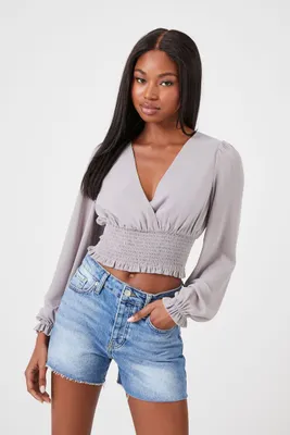 Women's Surplice Chiffon Crop Top in Grey Medium