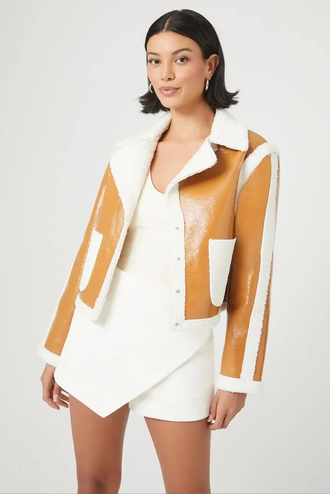 Women's Faux Shearling-Trim Button-Front Jacket in Camel/Cream Medium