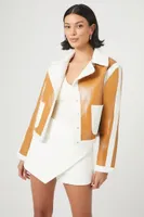 Women's Faux Shearling-Trim Button-Front Jacket in Camel/Cream Large