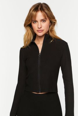 Women's Ribbed Zip-Up Top in Black, XS