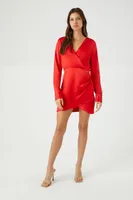 Women's Satin Surplice Tulip-Hem Mini Dress Fiery