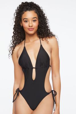 Women's Plunging Halter One-Piece Swimsuit in Black Small