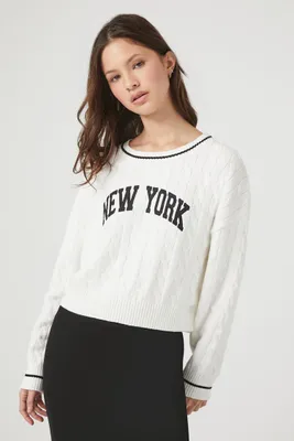 Women's Cropped New York Graphic Sweater in Vanilla, XL