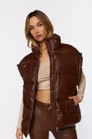 Women's Faux Leather Zip-Up Puffer Vest in Brown Medium