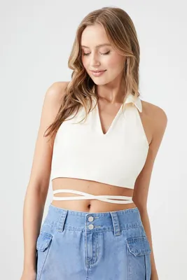 Women's Wraparound Split-Neck Halter Top in White Small