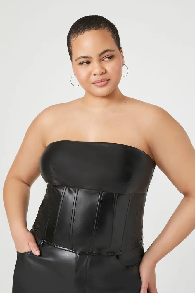 Forever 21 Women's Faux Leather Corset Tube Top in Black, 2X