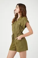 Women's Linen-Blend Button-Front Romper in Olive, XS