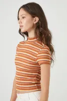 Women's Striped Mock Neck T-Shirt in Rust Medium