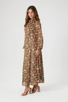 Women's Floral Print Cowl Neck Maxi Dress in Green Small