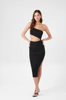 Women's One-Shoulder Cutout Midi Dress in Black Large