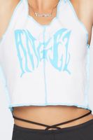 Women's Butterfly Graphic Cropped Tank Top in White/Blue Small